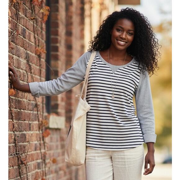 Anthropologie Postmark Women Medium Stripe Cotton Roll Tab Sleeve Top - Picture 1 of 5
